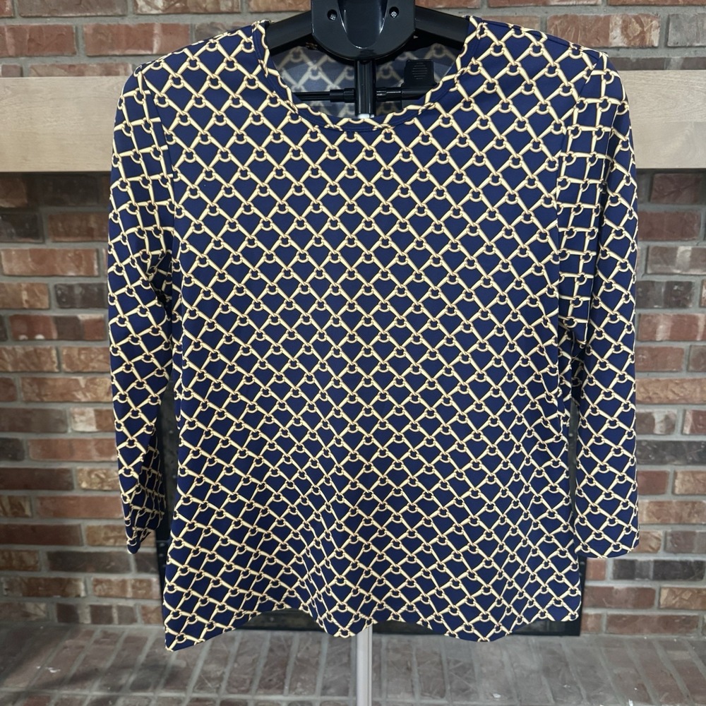 J. Mclaughlin Signature Crew Top Large Blue Gold Chain Horse Equestrian Catalina